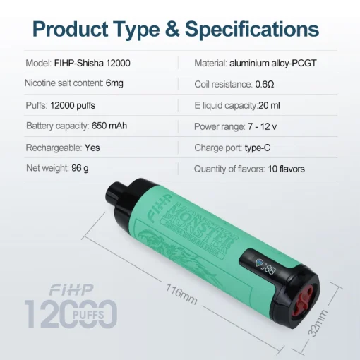 FIHP Monster Shisha 12000 Puffs za enkratno uporabo Vape na debelo