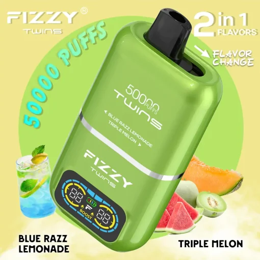 Fizzy Twins 50000 Puffs jednorazowe Vape blue razz lemoniada potrójny melon