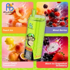 Fumot ECO 4 w 1 – jednorazowy vaporizer na 80 000 zaciągnięć: 2 smaki – brzoskwinia z lodem, mieszanka jagód, cytryna z brzoskwinią i marakują oraz czarny lód z smoczym owocem i truskawką