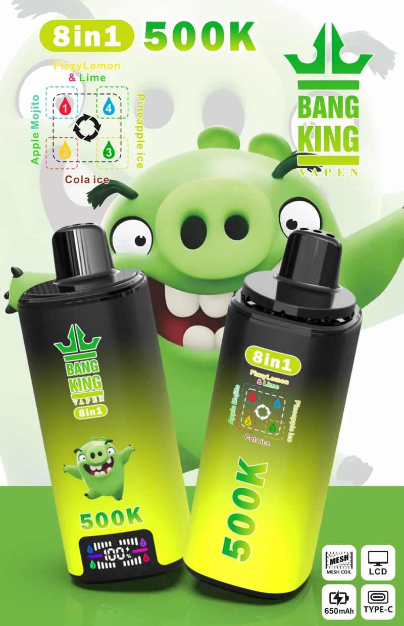 Bang King Vapen 8in1 500K Disposable Vape 12 Fizzy Lemon Lime Apple Mojito Pineapple Ice Cola Ice